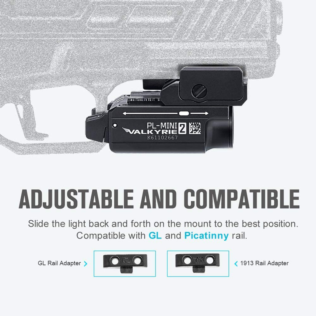 Olight PL-Mini 2 Valkyrie on a pistol, adjustable for Glock and Picatinny rails