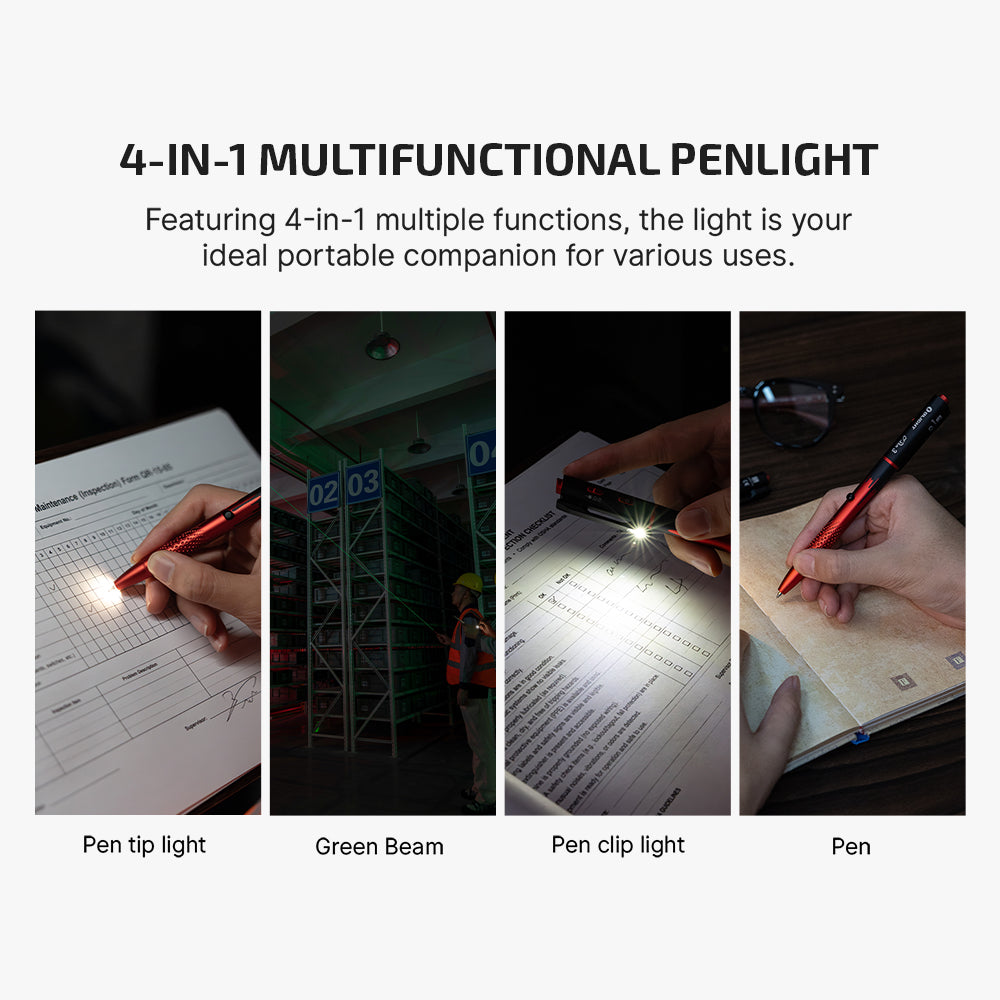 O'Pen 3 four functions: pen tip light, white light, red light and green laser
