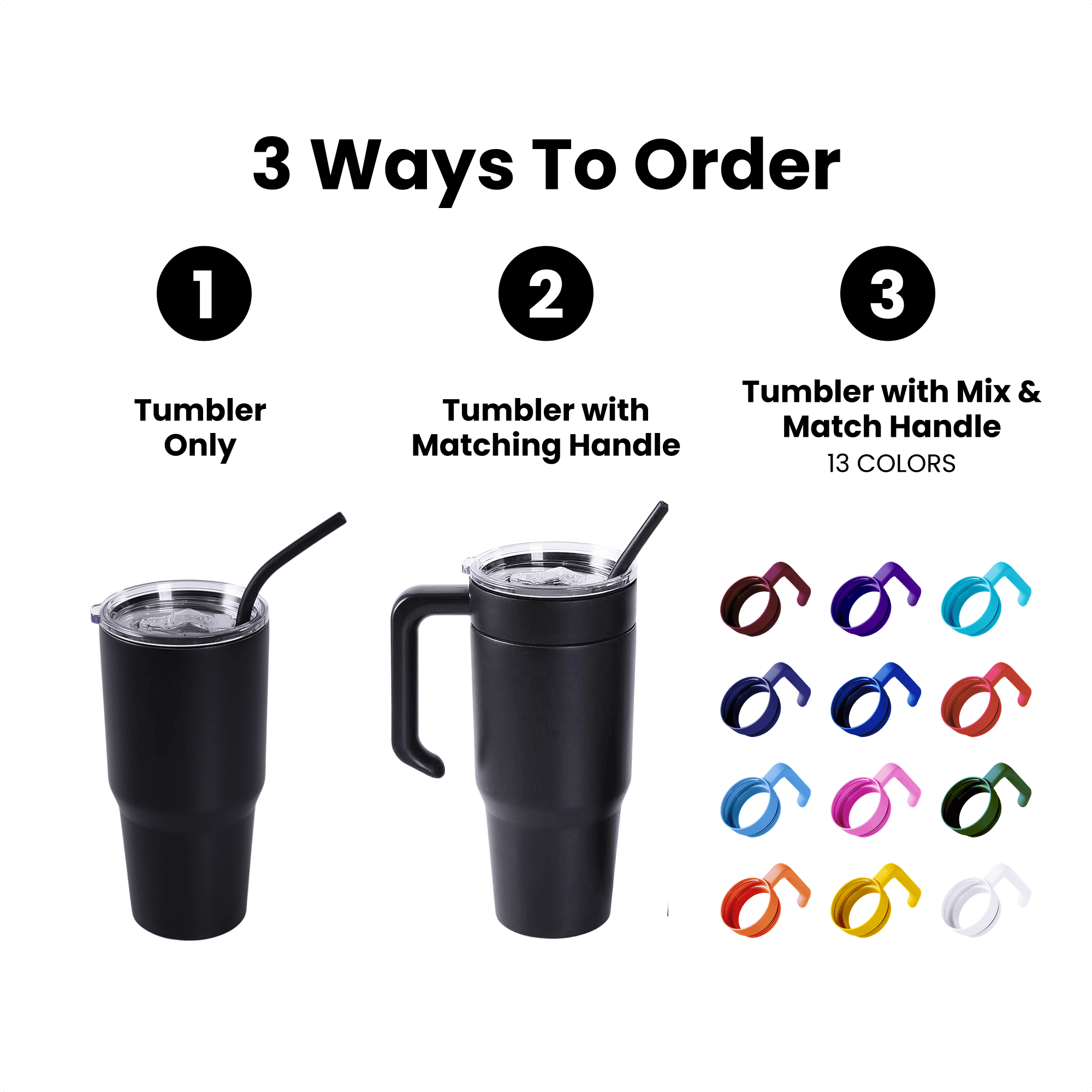 Three ways to order the 30 oz. Tumbler: tumbler only, tumbler with matching handle, or tumbler with a mix and match handle — Solano Laser Craft