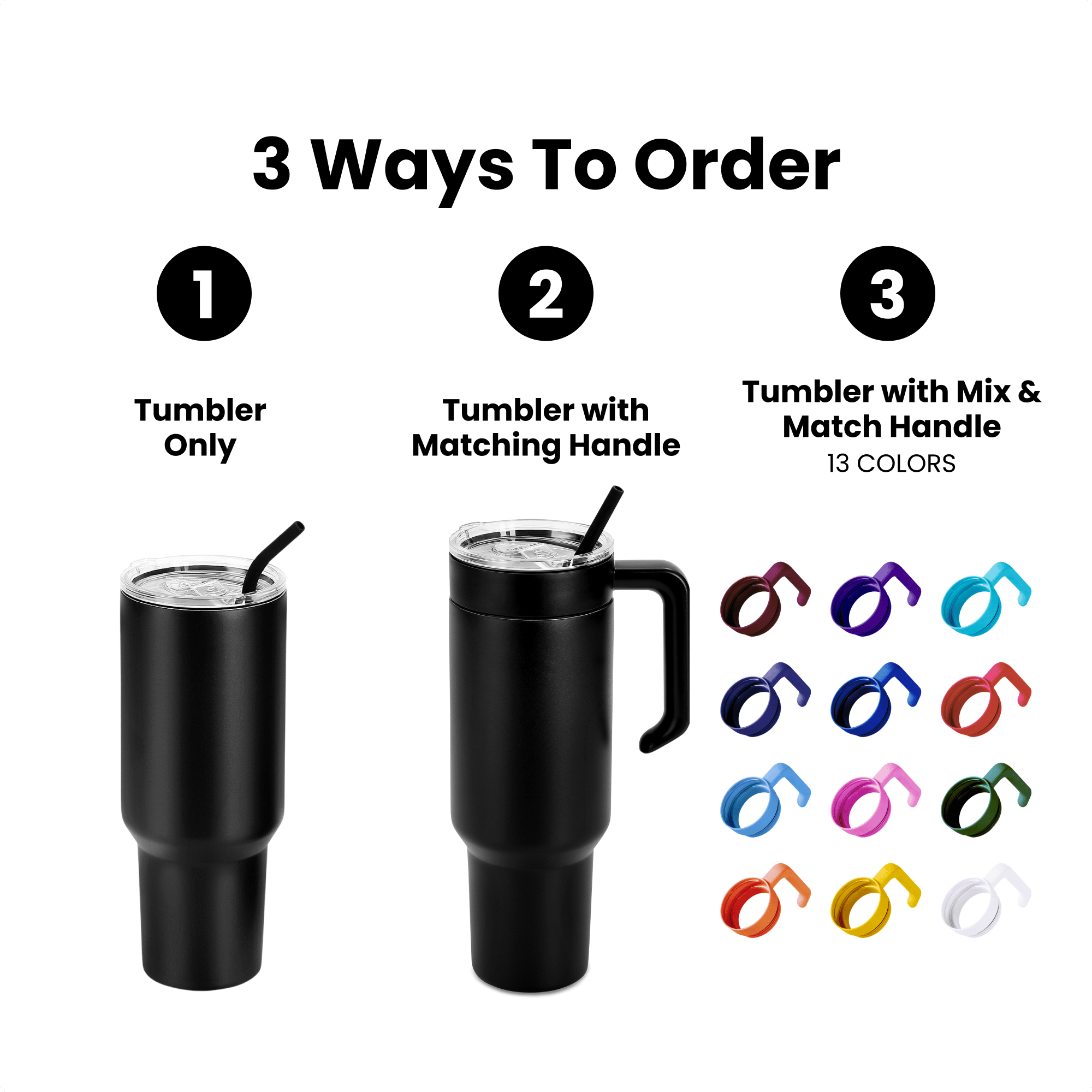 Three ways to order the 40 oz. Tumbler: tumbler only, tumbler with matching handle, or tumbler with a mix and match handle — Solano Laser Craft