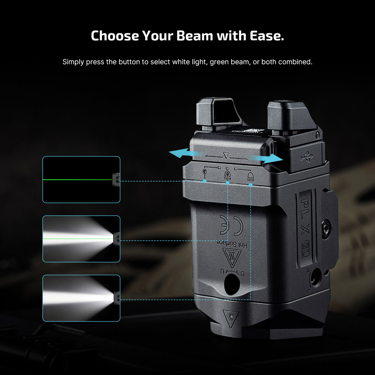 Olight PL X GL white light and green beam mode selection