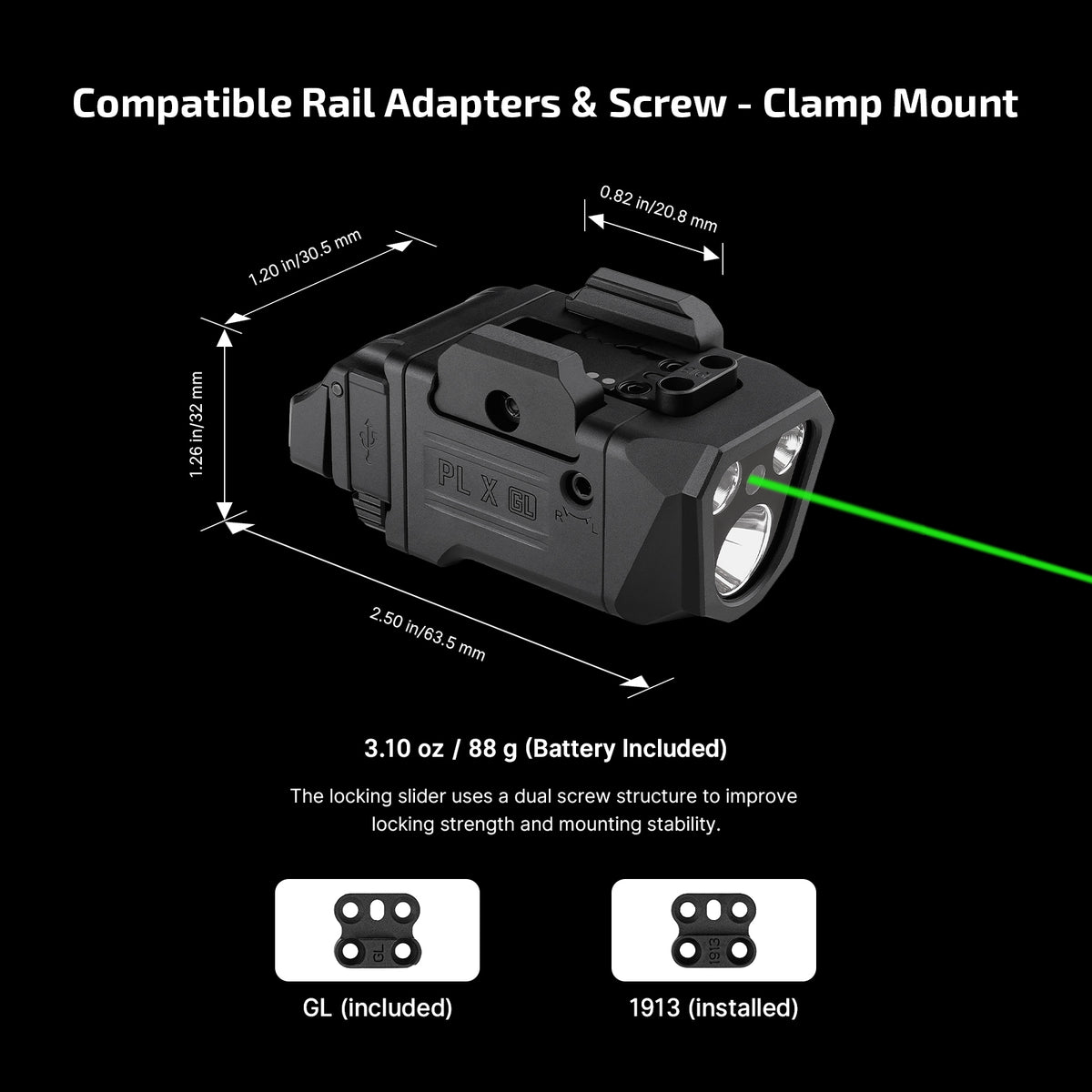 Olight PL X GL rail adapters and screw-clamp mount