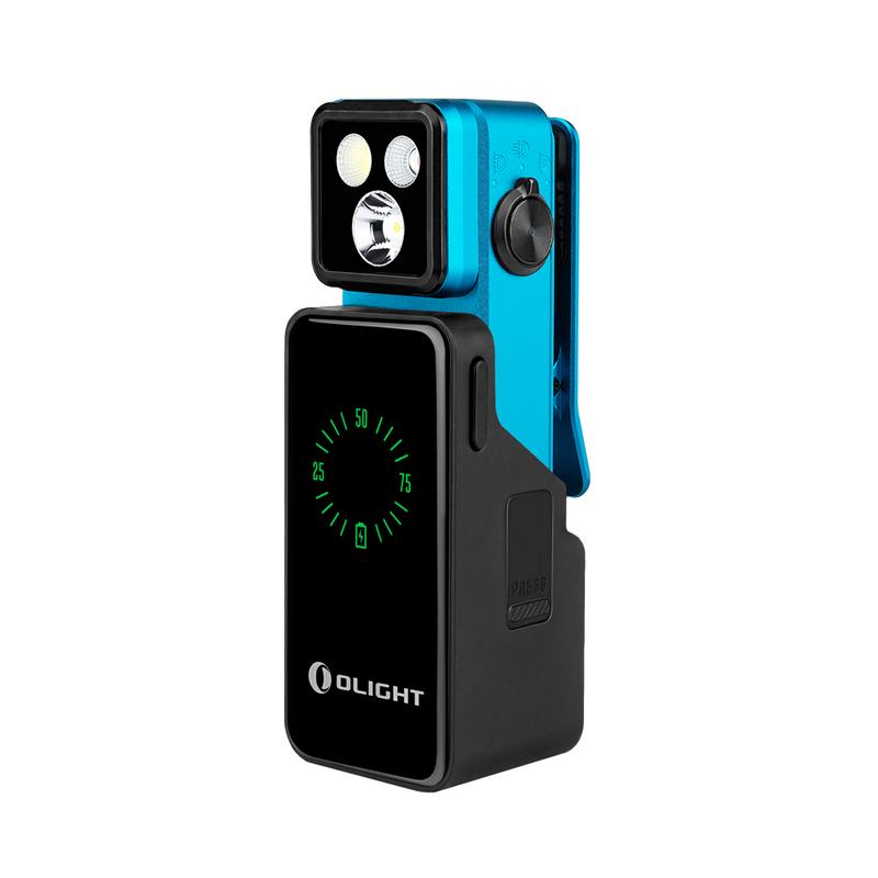 Olight Oclip 2 Pro Premium in Tidal Blue on its 1,000 mAh charging dock