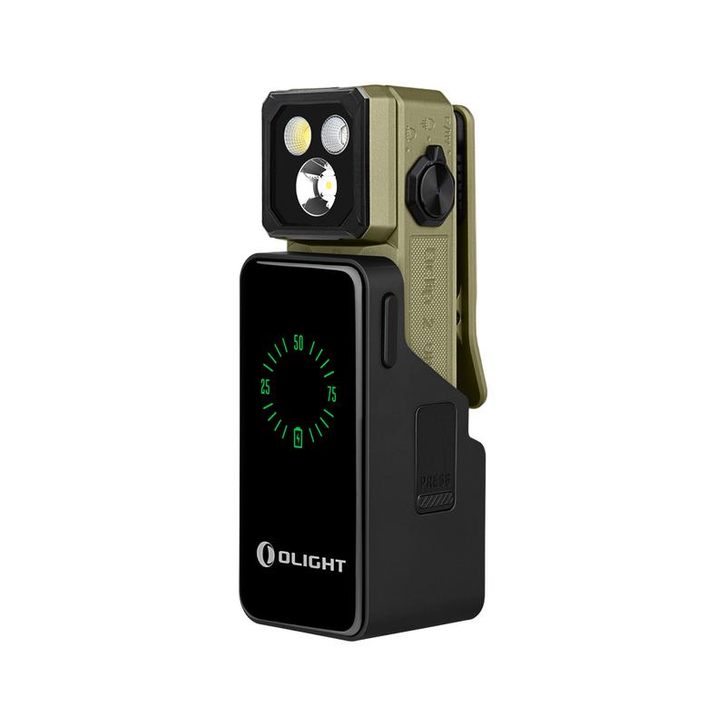 Olight Oclip 2 Ultra Premium in Olive Green on its 1,000 mAh charging dock