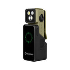 Olight Oclip 2 Ultra Premium in Olive Green on its 1,000 mAh charging dock