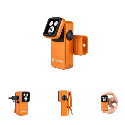 Olight Oclip 2 Pro clip flashlight in Orange, angled view with tilting head and clip