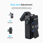 Oclip 2 Pro dual-axis design: 115 degree tilting head and 360 degree rotating clip