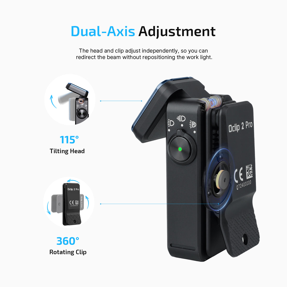Oclip 2 Pro dual-axis design: 115 degree tilting head and 360 degree rotating clip