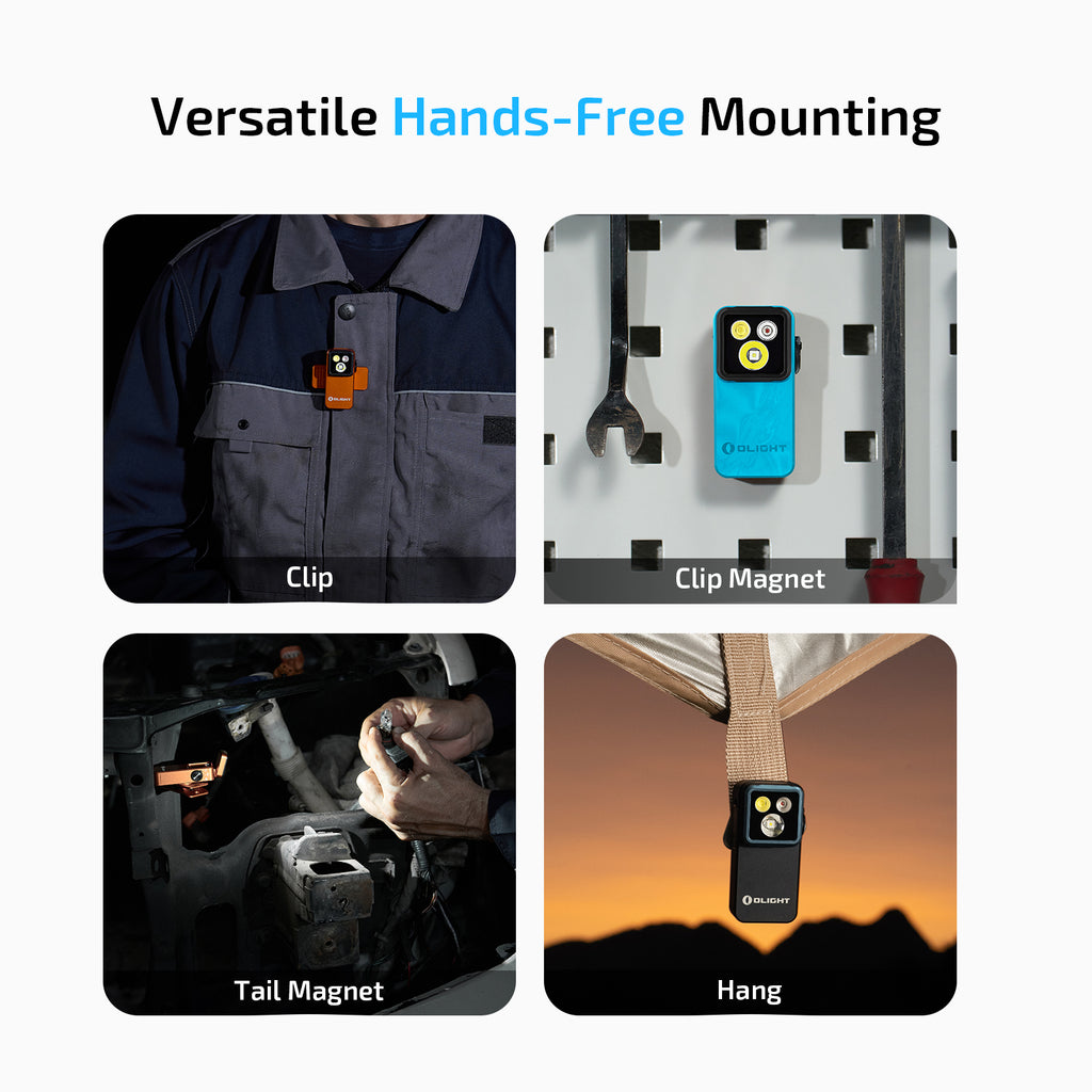 Oclip 2 Pro mounting options: clip, clip magnet, tail magnet and hanging
