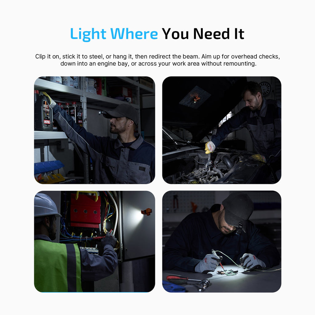 Oclip 2 Pro lighting a workbench, a car engine, a tent and a walk at night