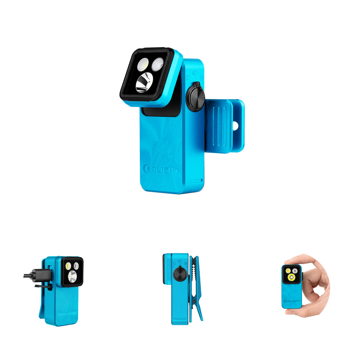 Olight Oclip 2 Pro clip flashlight in Tidal Blue, angled view with tilting head and clip