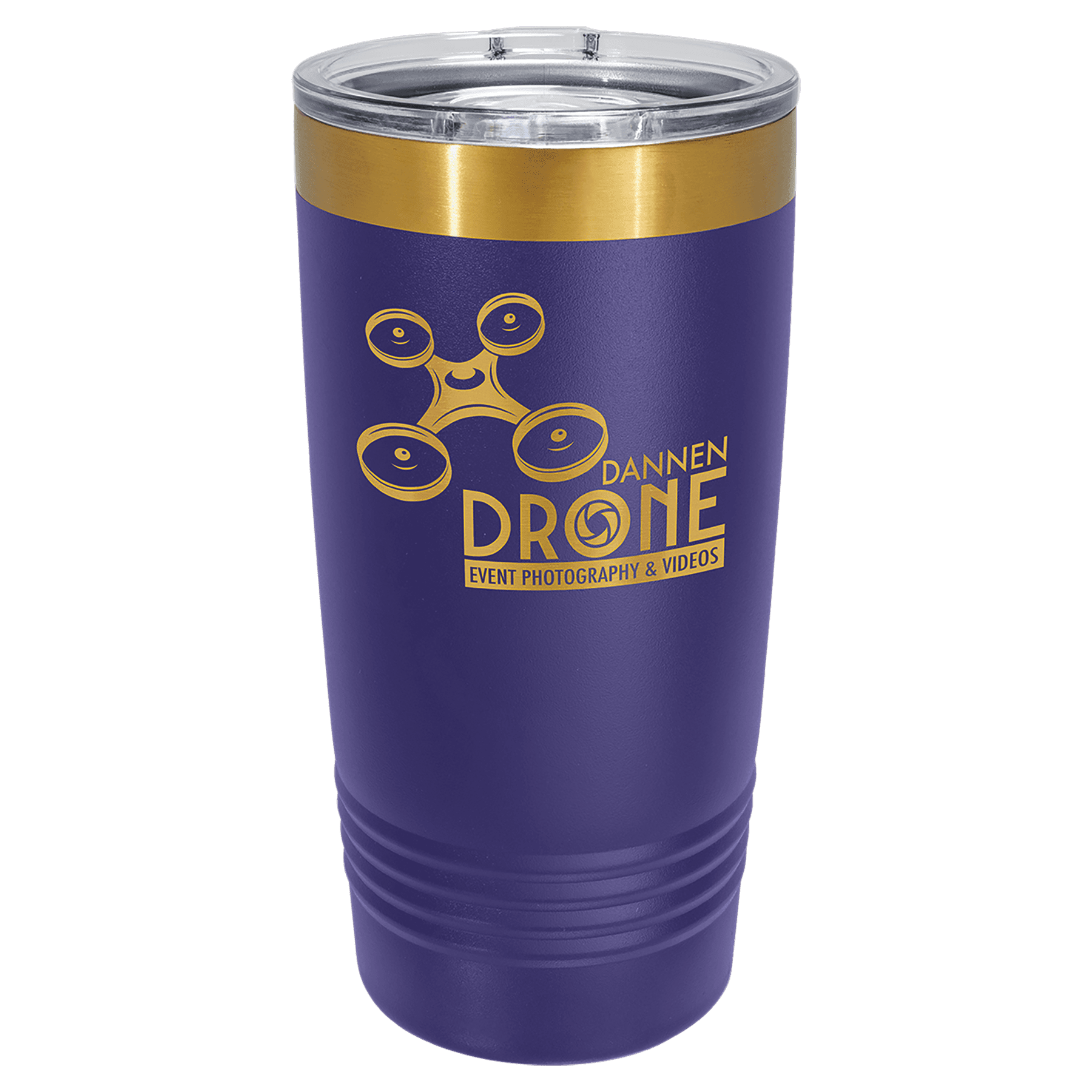 Purple 20 oz. ringneck tumbler with a bright gold ion-plated base and clear slider lid