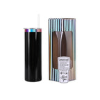 Black 20 oz. skinny tumbler with a rainbow plated lid, shown with its gift box