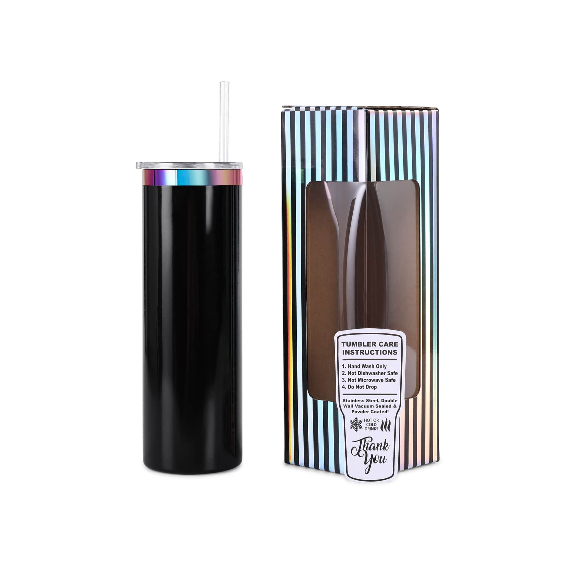 Black 20 oz. skinny tumbler with a rainbow plated lid, shown with its gift box