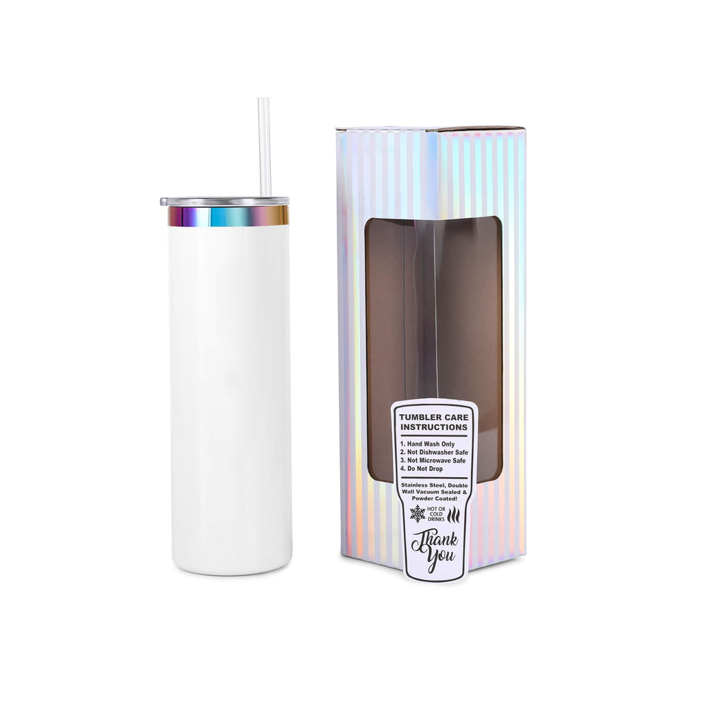White 20 oz. skinny tumbler with a rainbow plated lid, shown with its gift box