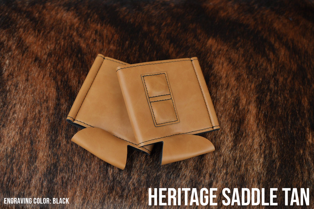 Saddle Tan Premium Leatherette magnetic can coozie, standard 12 oz. size, shown folded to reveal the built-in magnets