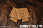 Saddle Tan Premium Leatherette magnetic can coozie, standard 12 oz. size, shown folded to reveal the built-in magnets