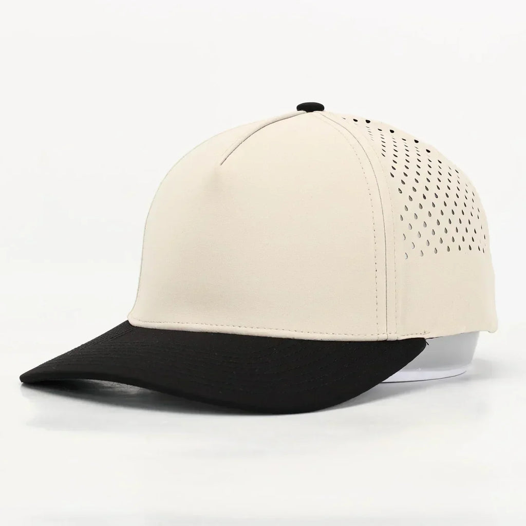 Sand Durra-Bull performance hat with a black brim, five-panel, shown from the front at an angle.