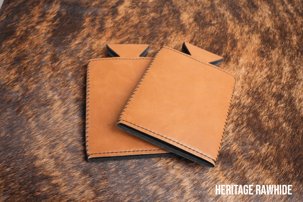 Rawhide tan Premium Leatherette slim can coolers, sized for slim cans, laid flat and collapsed.