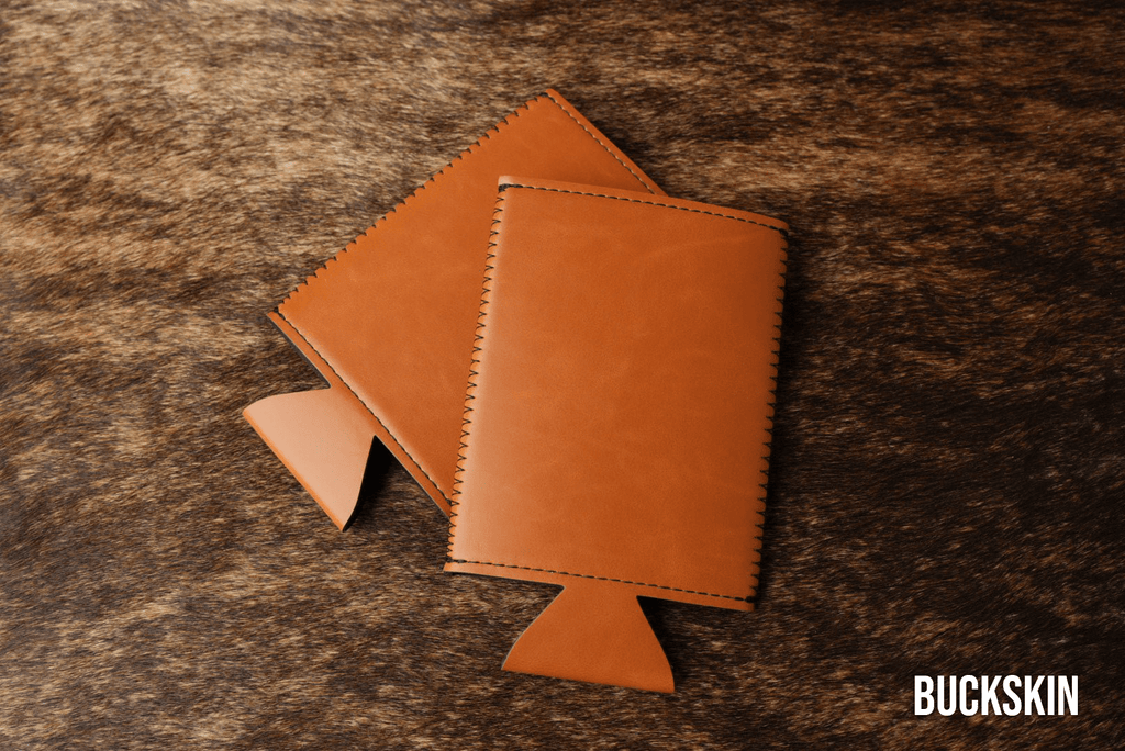 Buckskin tan Premium Leatherette slim can coolers, sized for slim cans, laid flat and collapsed.