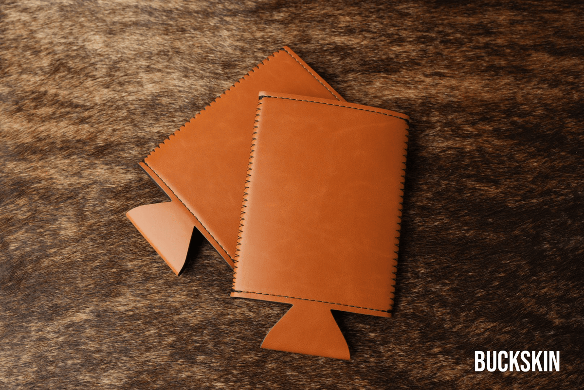 Buckskin tan Premium Leatherette slim can coolers, sized for slim cans, laid flat and collapsed.