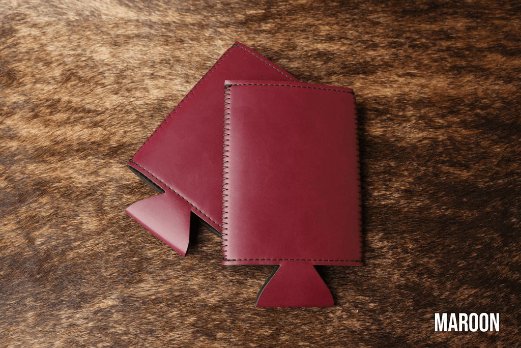 Maroon deep red Premium Leatherette slim can coolers, sized for slim cans, laid flat and collapsed.