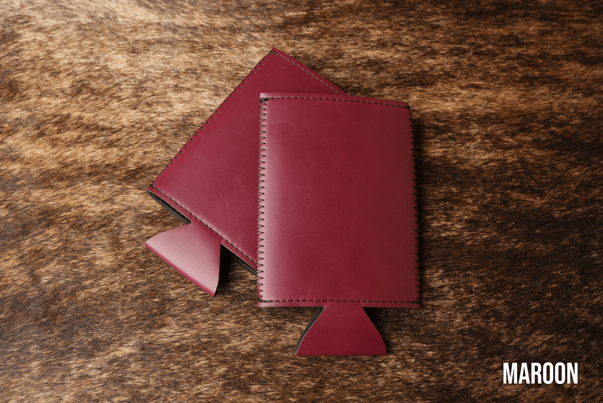 Maroon deep red Premium Leatherette slim can coolers, sized for slim cans, laid flat and collapsed.