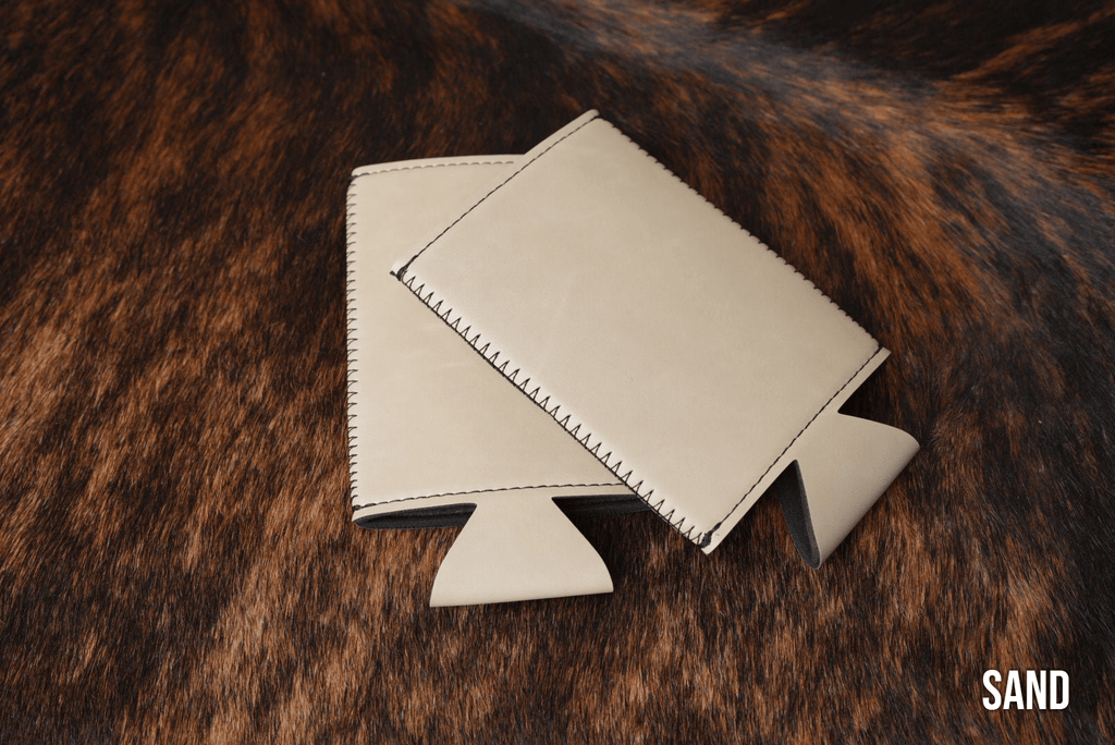 Sand beige Premium Leatherette slim can coolers, sized for slim cans, laid flat and collapsed.