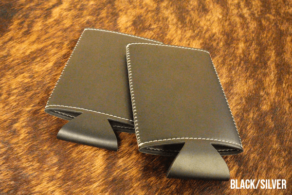 Slim can coozie in Black/Silver leatherette, shown blank