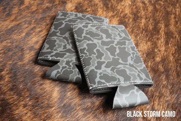 Slim can coozie in Black Storm grey camouflage leatherette, shown blank
