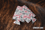 Crimson Camo Premium Leatherette slim can coolers in a red camouflage pattern, sized for slim cans.