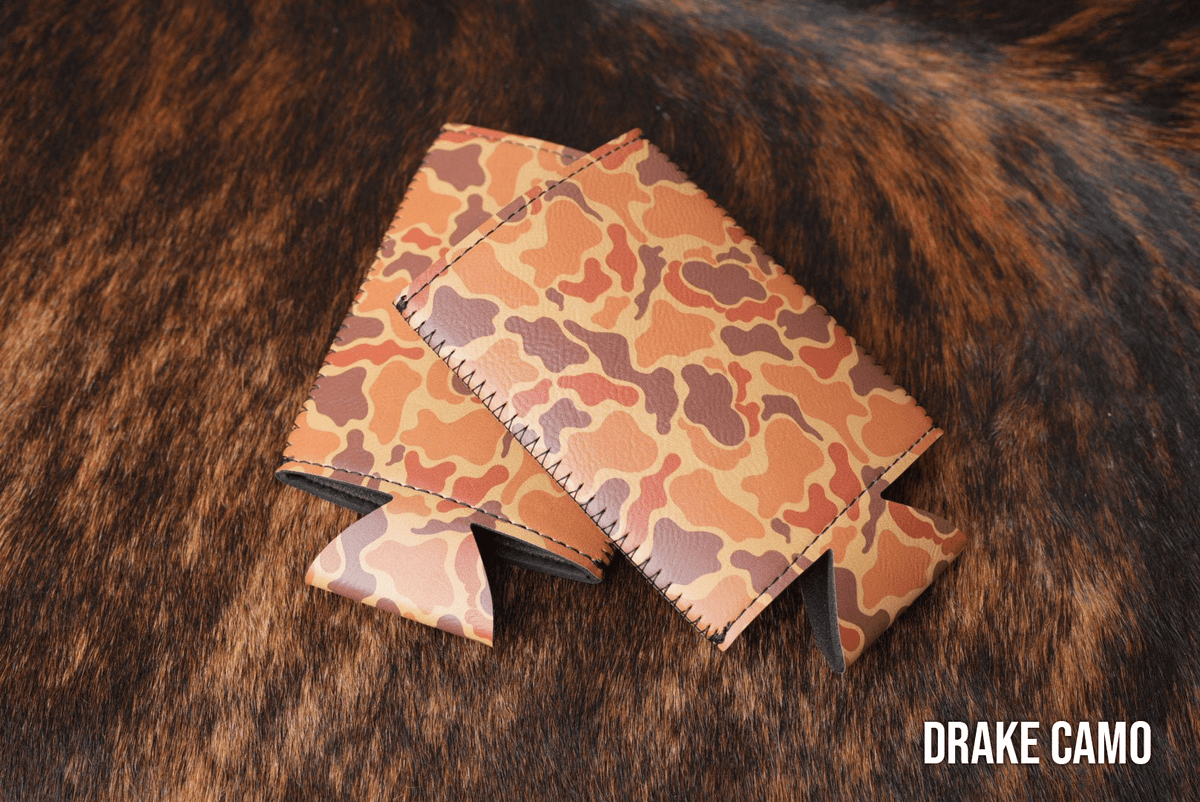 Drake Camo Premium Leatherette slim can coolers in a duck camouflage pattern, sized for slim cans.