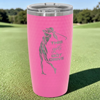 Solano Laser Craft pink 20 oz stainless steel golf ball textured tumbler with a laser engraved female golfer design
