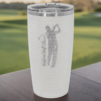 Solano Laser Craft white 20 oz. golf ball textured stainless steel tumbler with a custom engraved golfer design.