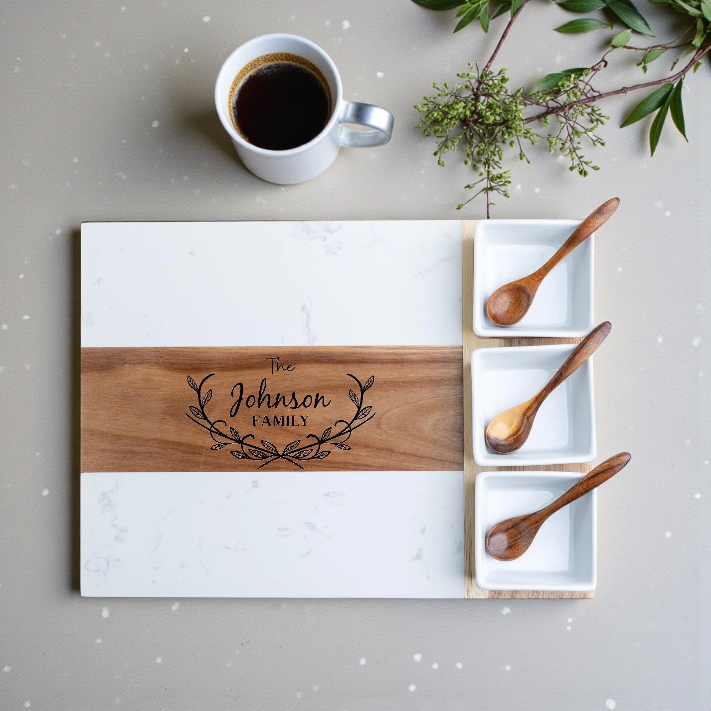 Marble and acacia wood charcuterie board — custom engraved closing gift