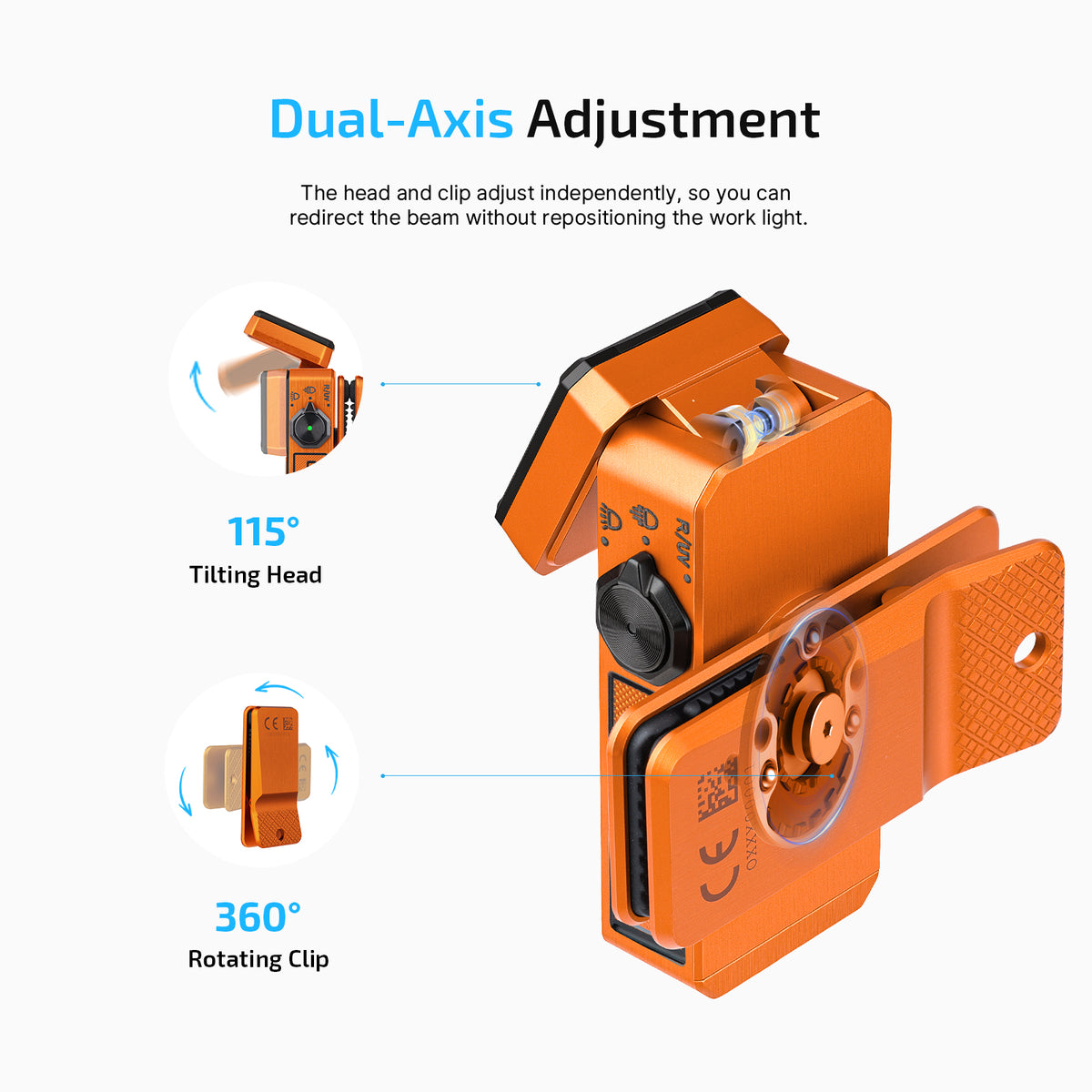 Oclip 2 Ultra dual-axis design: 115 degree tilting head and 360 degree rotating clip