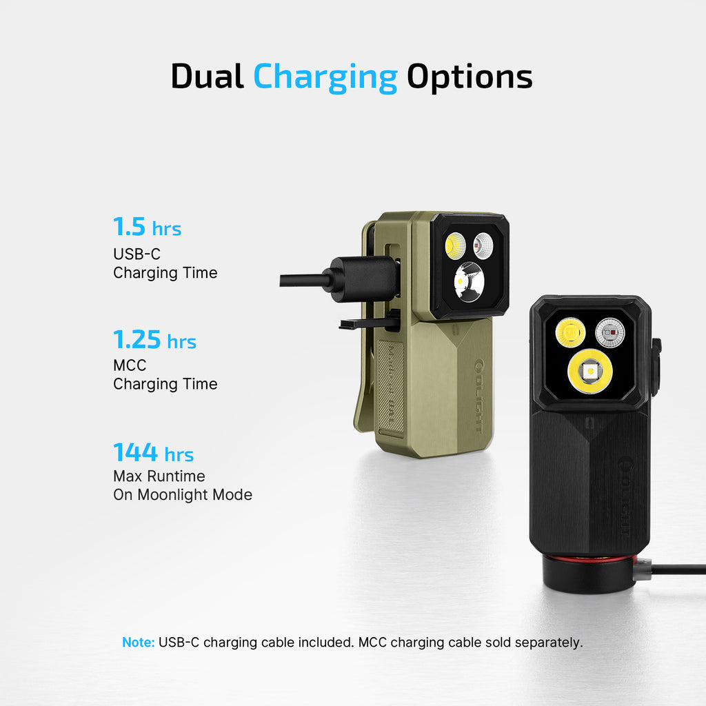 Oclip 2 Ultra charging options: USB-C and Olight MCC magnetic cable