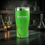 Olight Zombie Green tumbler with blood-red splatter on a mad scientist's bench, glowing green flasks and candles behind it