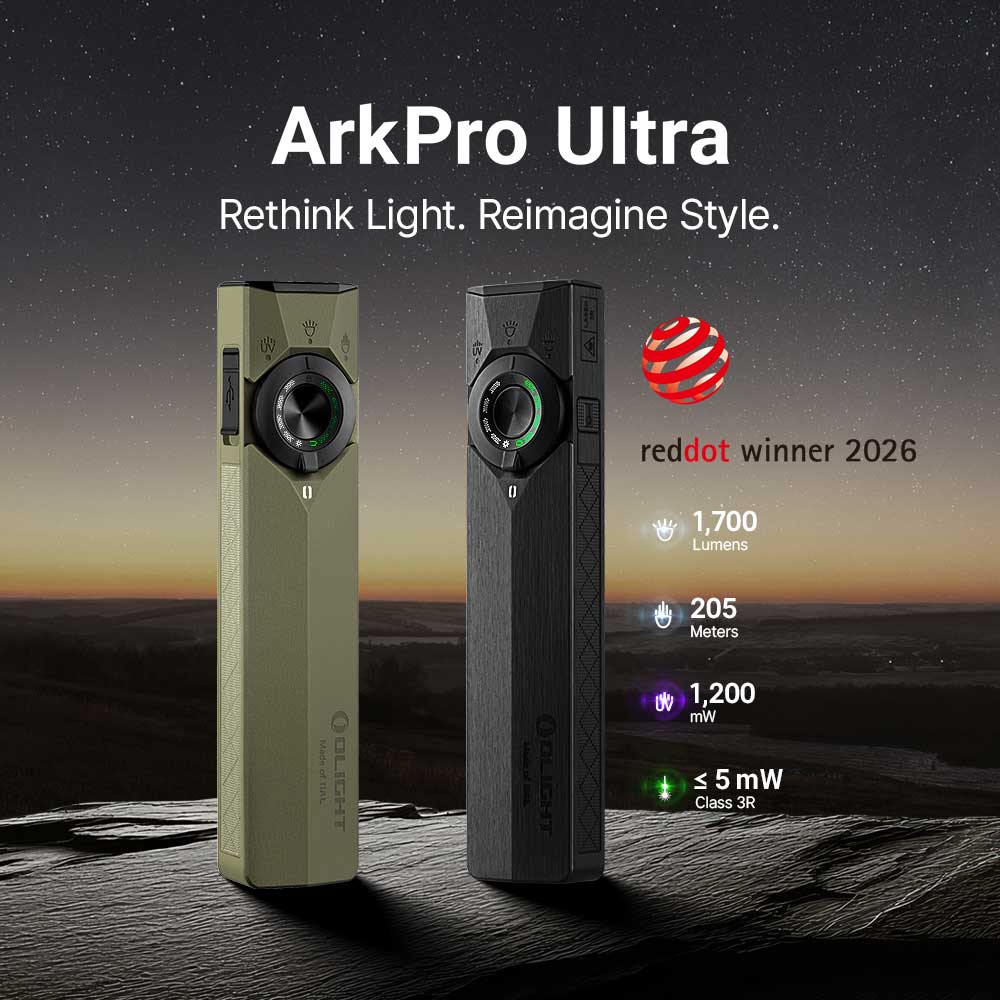 Olight ArkPro Ultra in Olive Green and Onyx Black, 2026 Red Dot winner, 1,700 lumens, 205 m, 1,200 mW UV and green laser