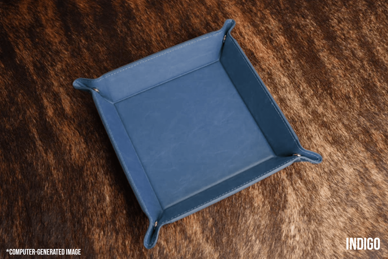 Indigo leatherette valet tray in a deep denim blue