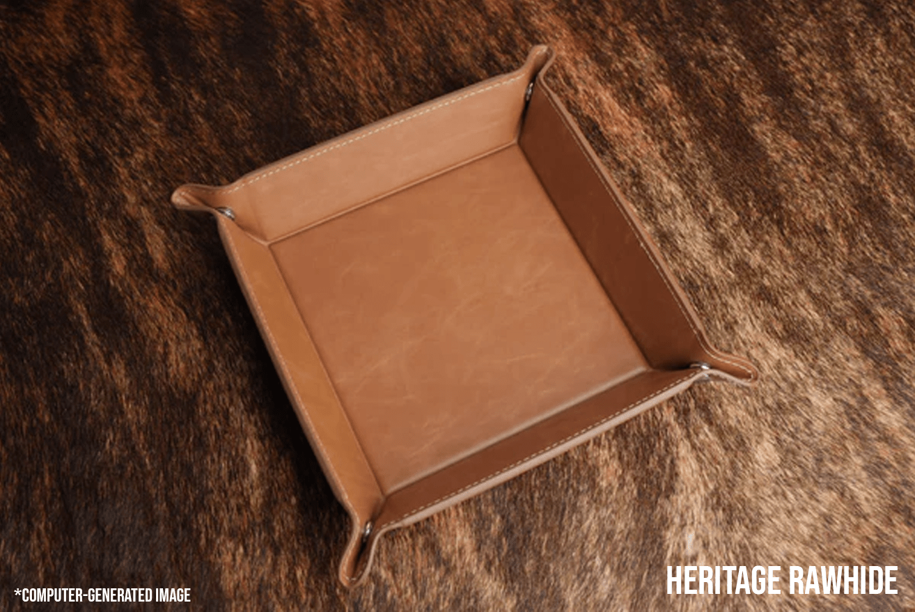 Heritage Rawhide leatherette valet tray, warm tan with a lighter center panel