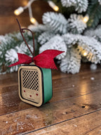 Side view of the Vintage Radio ornament showing its Kelly Green leatherette wrap