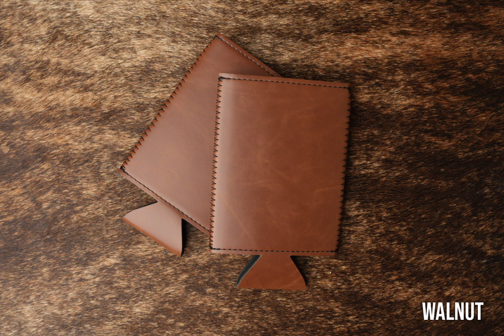 Walnut brown Premium Leatherette slim can coolers, sized for slim cans, laid flat and collapsed.