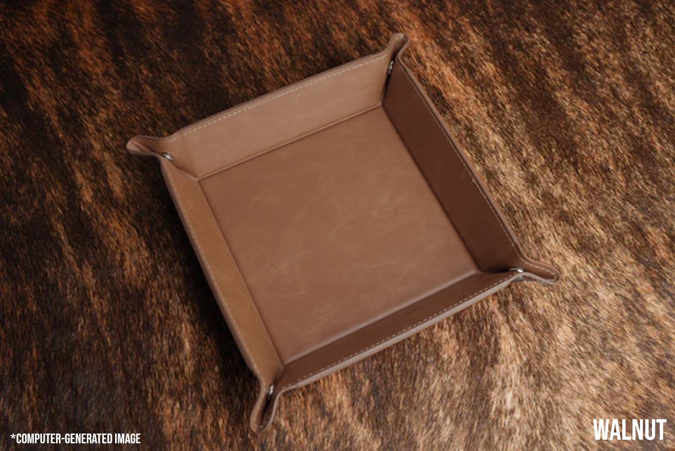 Walnut leatherette valet tray in a medium chocolate brown