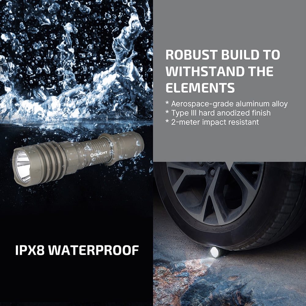 Warrior X 4 IPX8 waterproof, Type III hard anodized aluminum, 2 m impact resistant