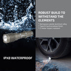 Warrior X 4 IPX8 waterproof, Type III hard anodized aluminum, 2 m impact resistant
