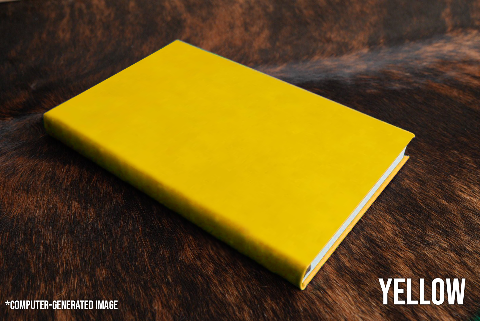 Yellow Premium Leatherette journal cover, shown closed on a cowhide surface